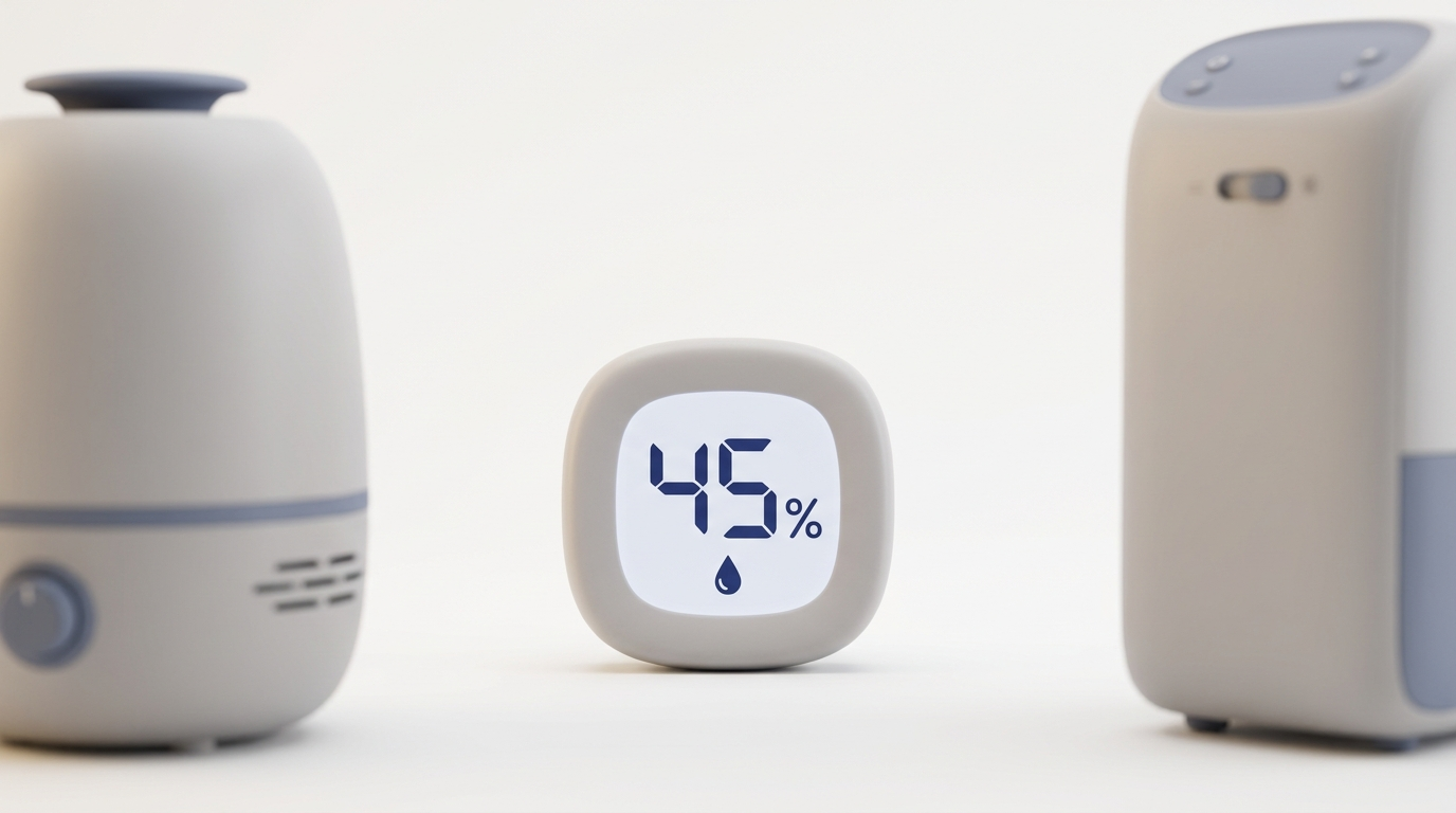 Digital hygrometer at 45 percent with humidifier and dehumidifier in background
