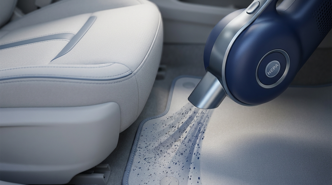 Handheld HEPA vacuum cleaning floor mat and seat edge