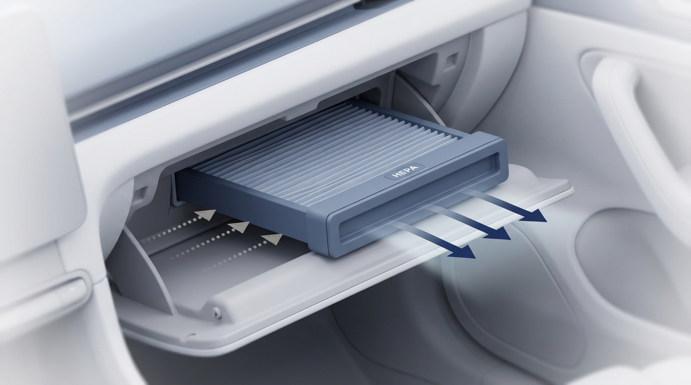 HEPA cabin air filter sliding into glovebox slot with airflow arrows