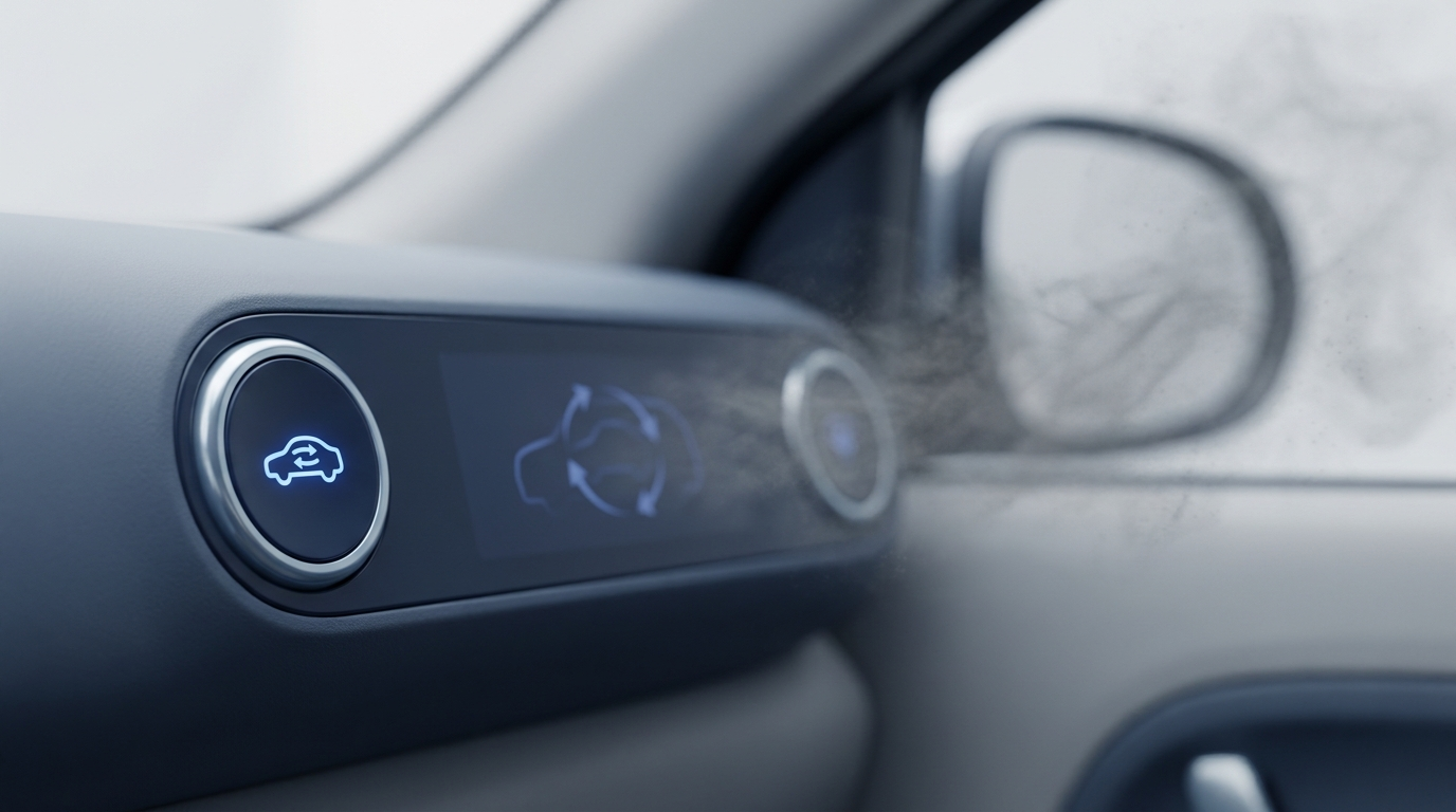 Dashboard climate panel with recirculation icon illuminated and closed window
