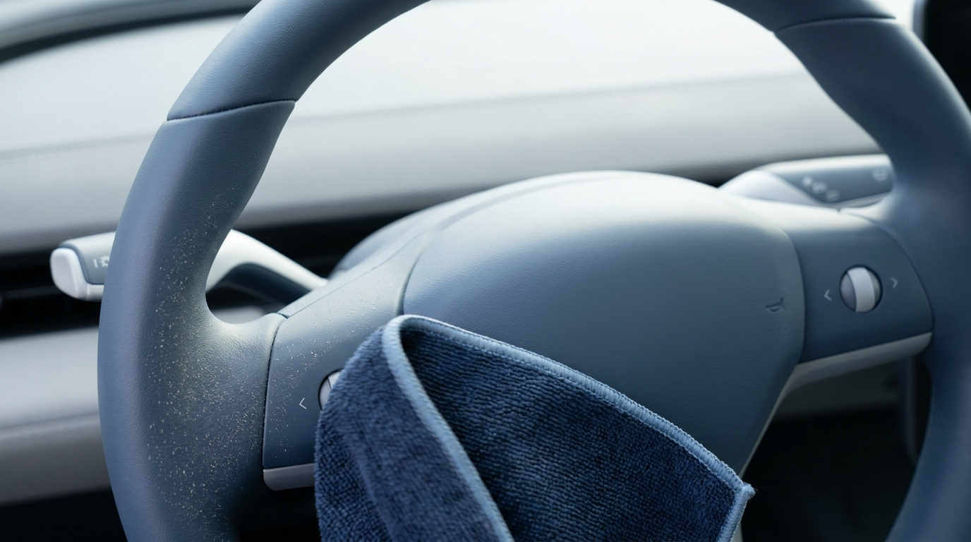Microfiber cloth wiping pollen film from steering wheel and dash