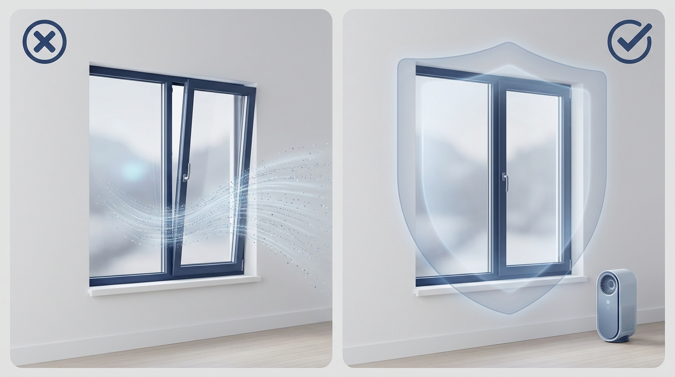 Open vs. Closed windows split scene with purifier