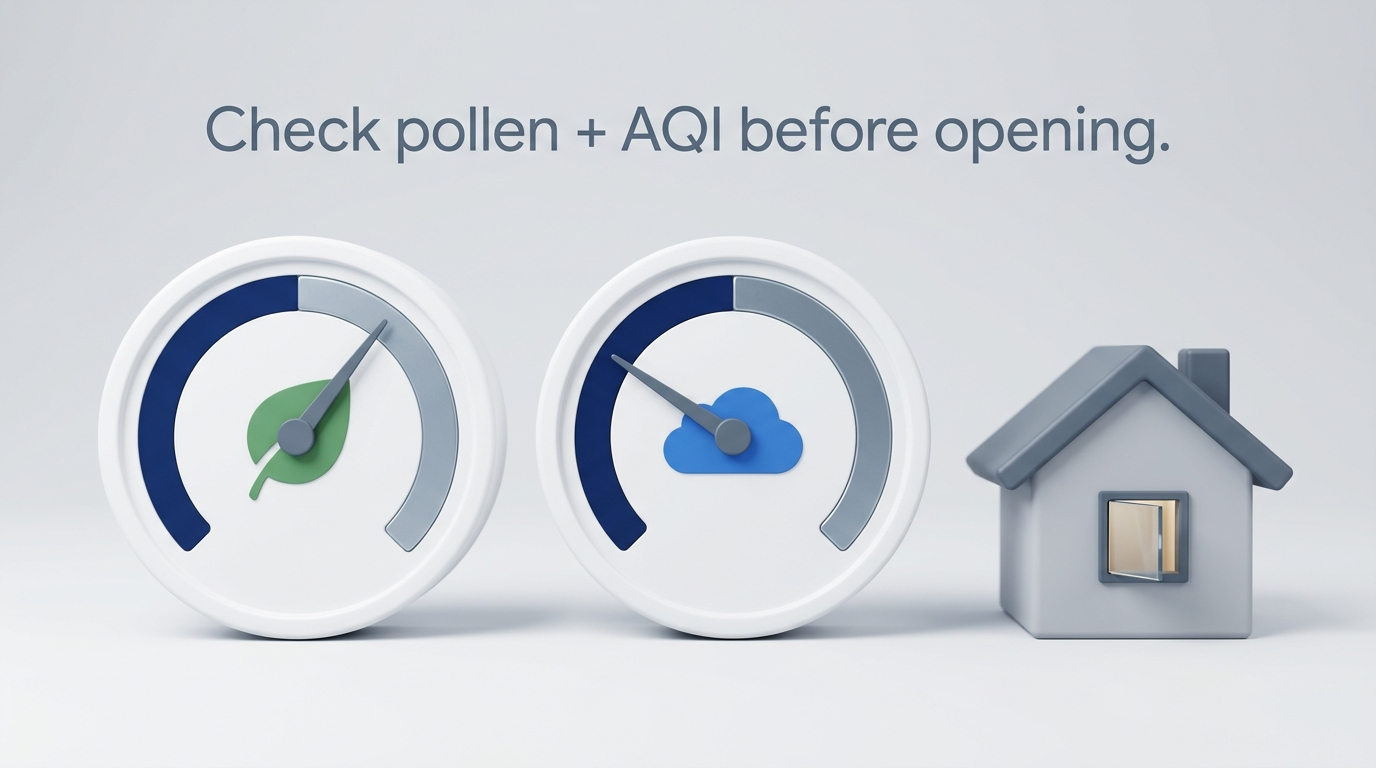 Gauges for pollen and AQI with window cue
