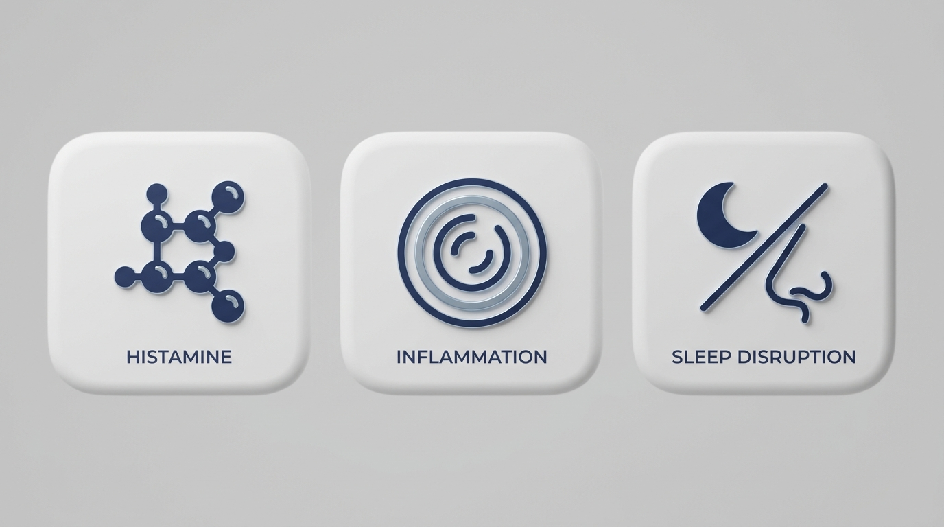 Three big drivers tiles: histamine, inflammation ripple, and sleep disruption moon-nose icon