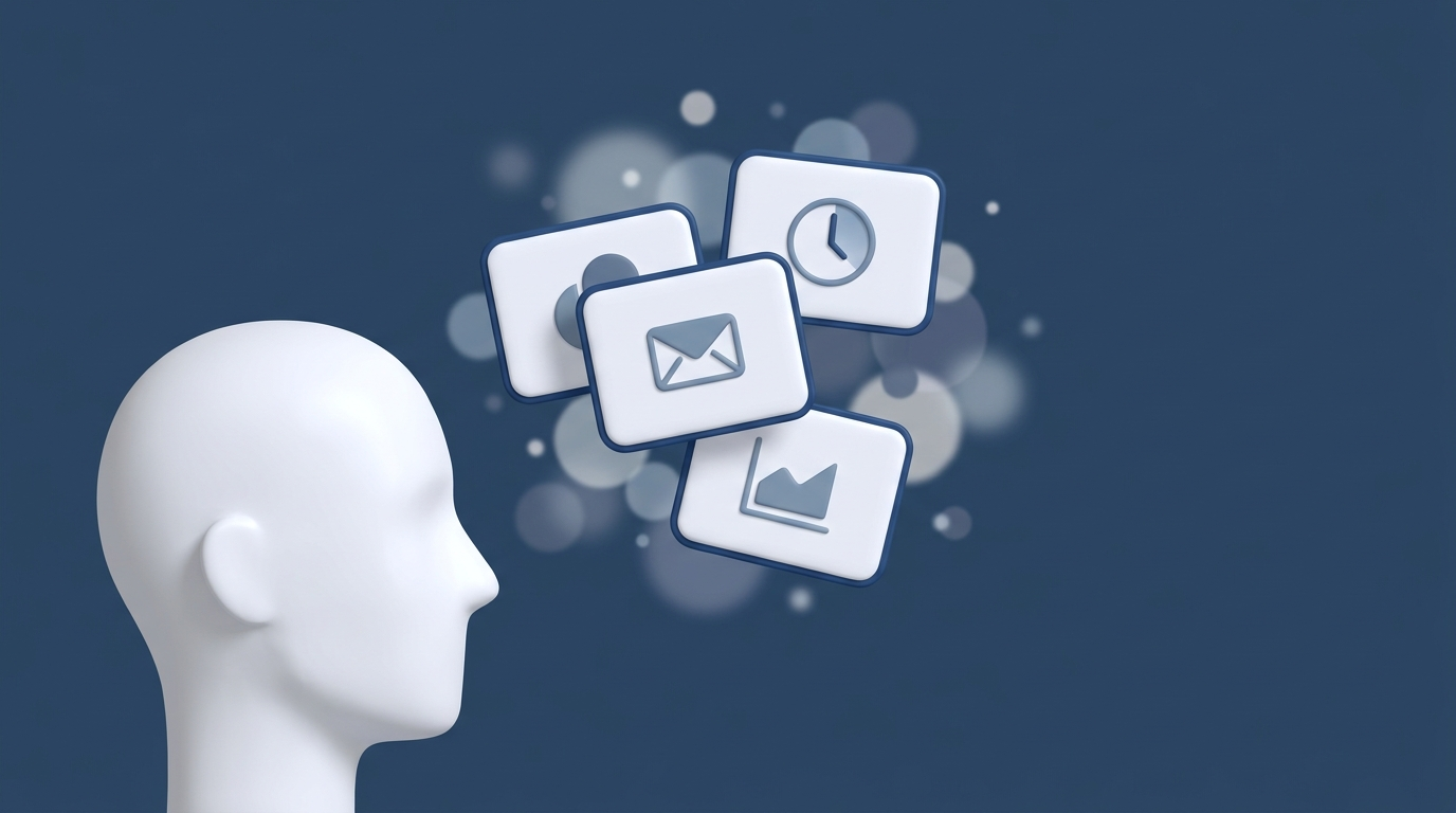 Mental clutter: simplified head with floating app-window cards for too many tabs feeling