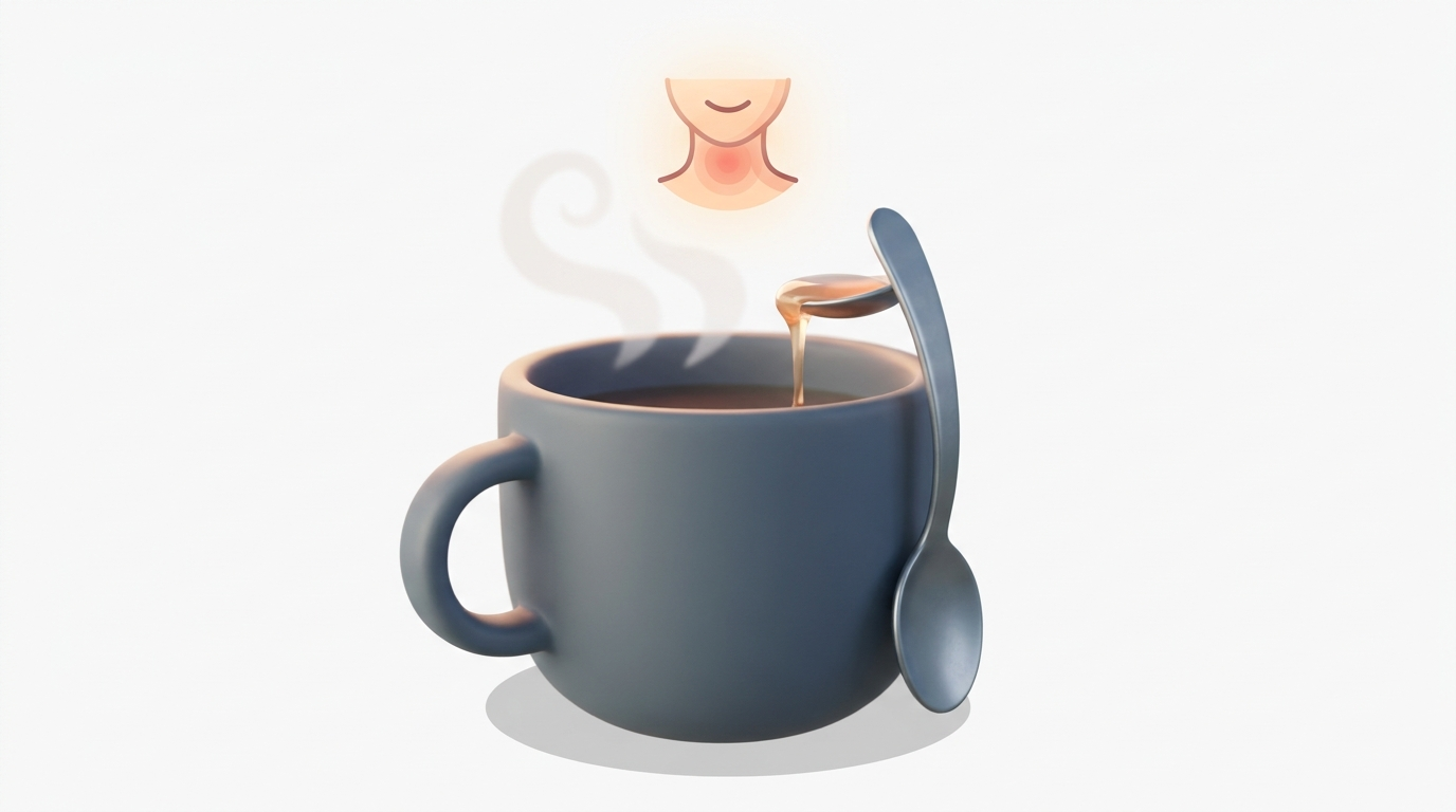 Honey drizzling into a warm mug for throat comfort