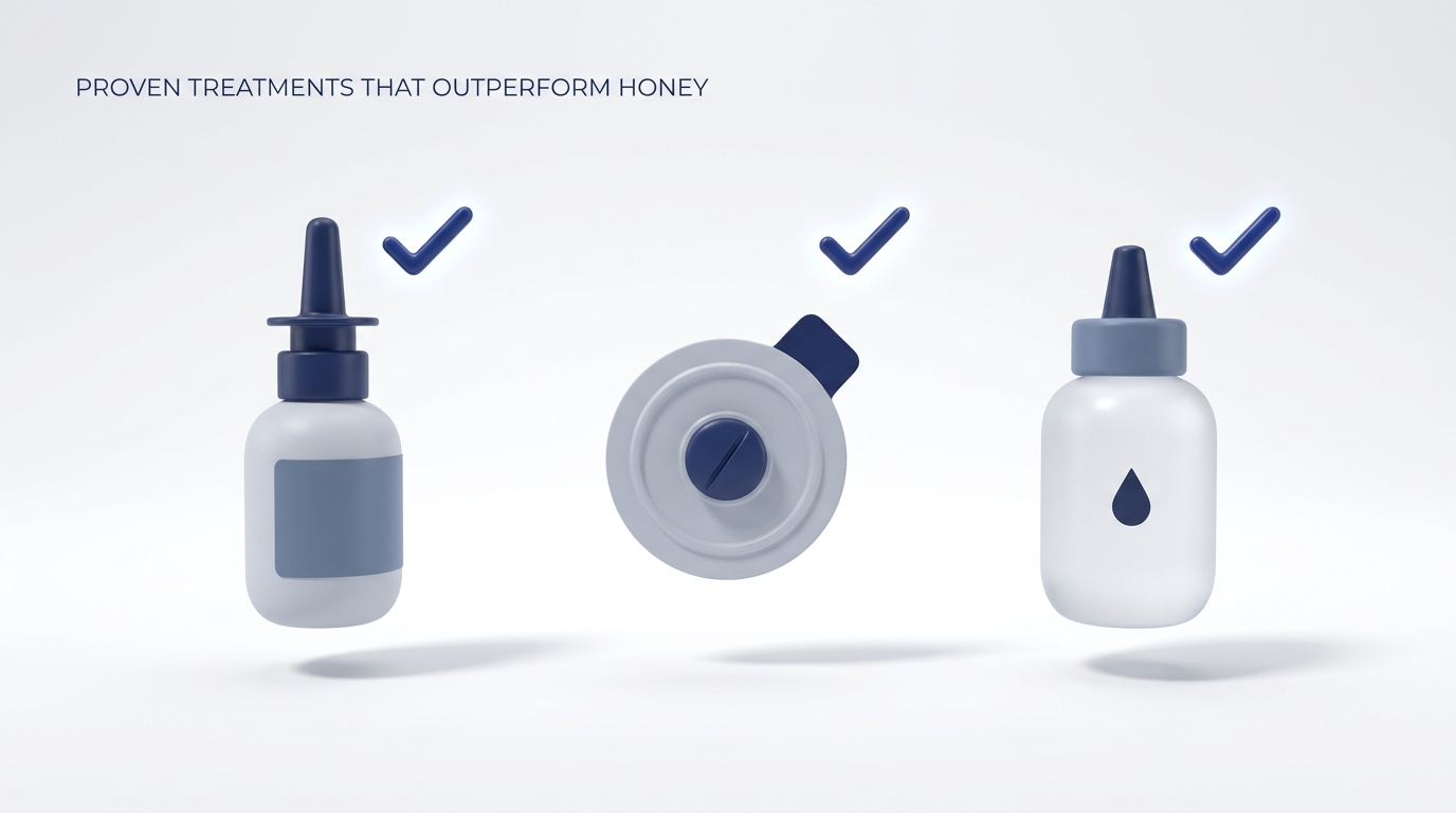 Proven allergy treatments: intranasal spray, antihistamine, saline, each with a checkmark