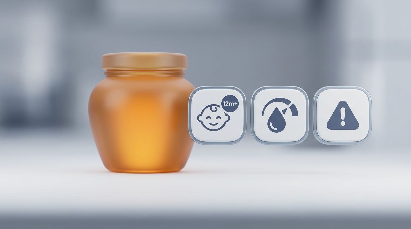 Honey jar with safety tiles for 12m+, sugar, and allergy caution