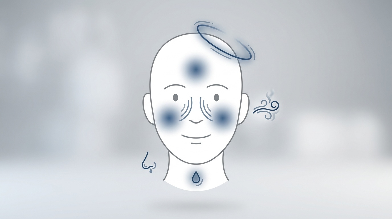 Face-centered symptom cluster showing pressure points, congestion, post-nasal drip, smell changes, and headache