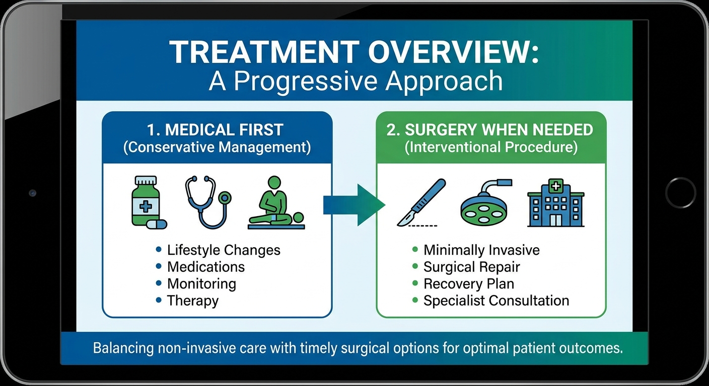 Treatment overview showing medical first and surgery when needed