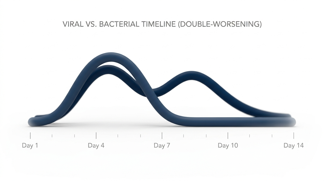 Timeline showing typical viral course resolving by days 7–10 vs a double-worsening bacterial pattern