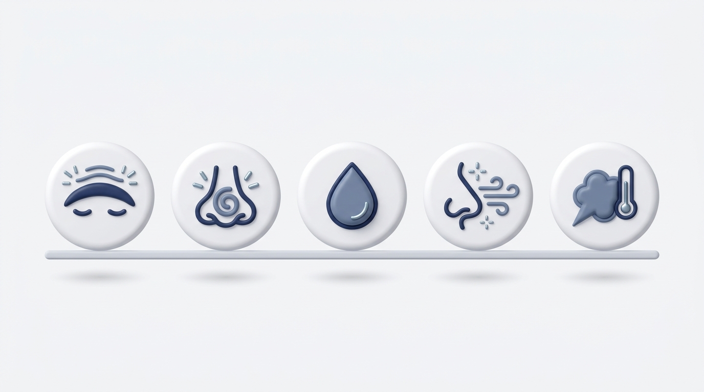 Row of simple symptom icons: brow pressure, congested nose, thick drainage, reduced smell, cough/fever