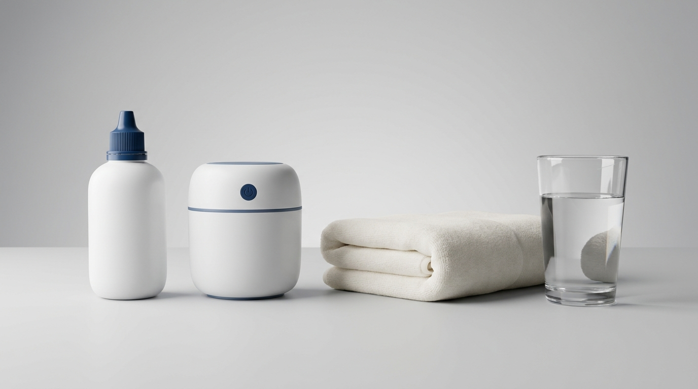 At-home care kit: saline bottle, humidifier, warm towel, water glass arranged simply