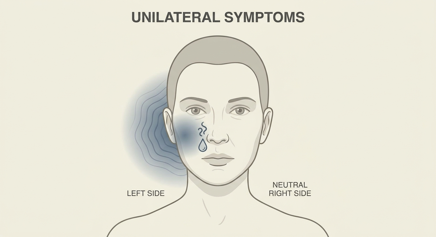Unilateral symptoms: left cheek pressure halo and same-side droplet/odor cue on a face front view