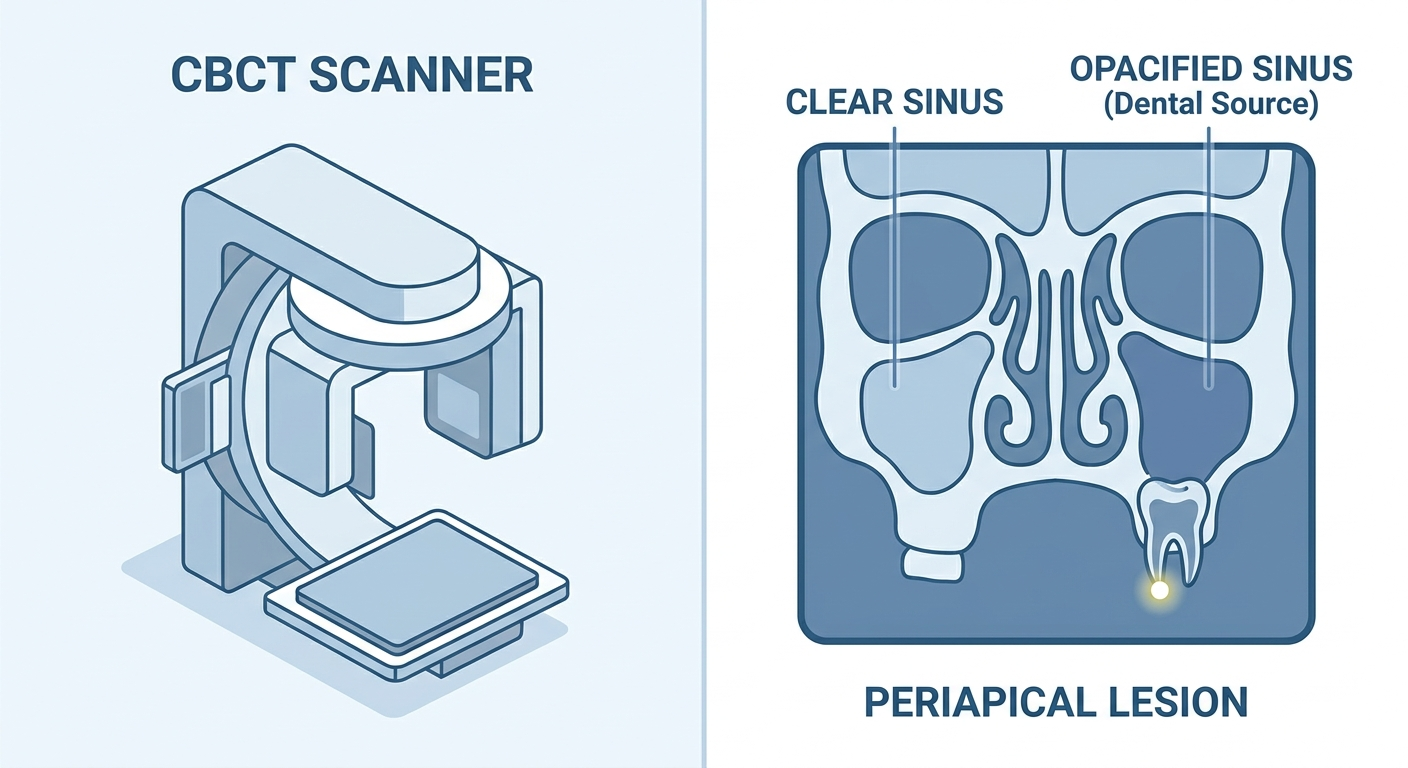 CT/CBCT diagnosis: scanner icon and coronal slice showing one clear sinus and one opacified over a molar with periapical lesion