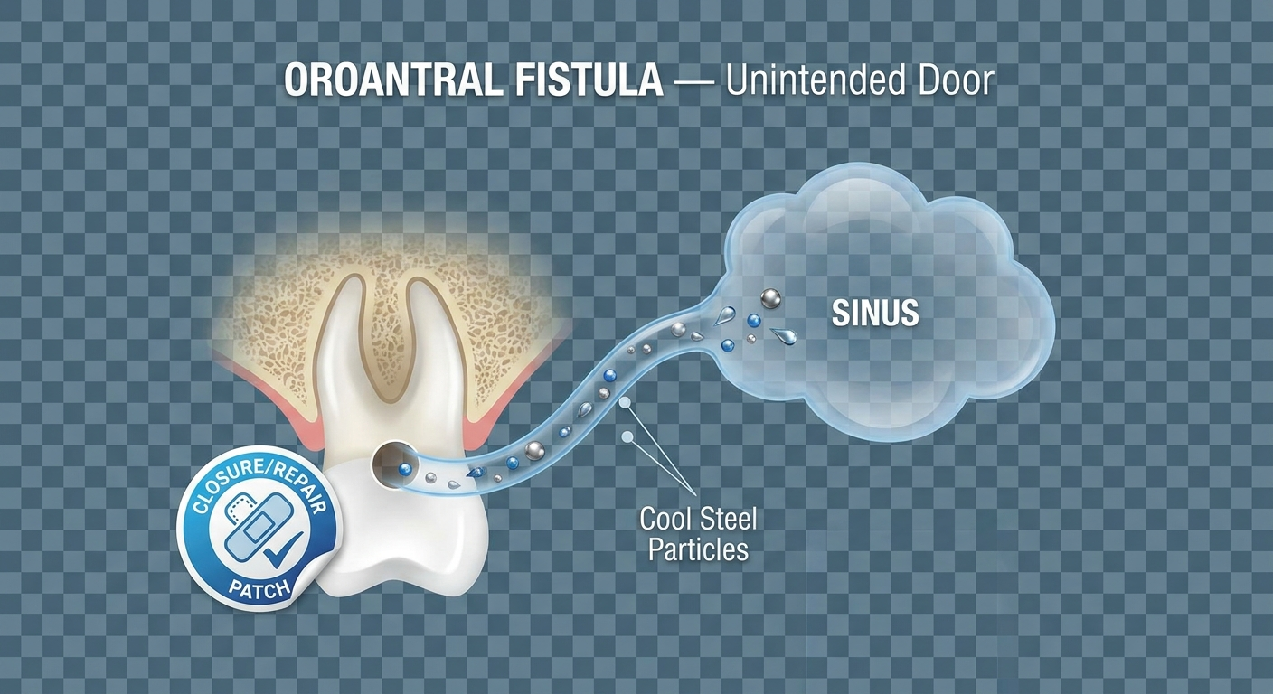 Oroantral fistula: small opening from tooth socket into sinus with particles passing through and a patch icon for closure