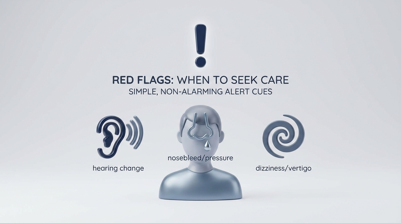 Red flags: calm alert icons for hearing change, nosebleed, dizziness, with an exclamation mark