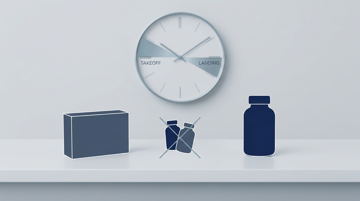 Medication timing and avoid overlap: clock at takeoff/landing with separated product silhouettes