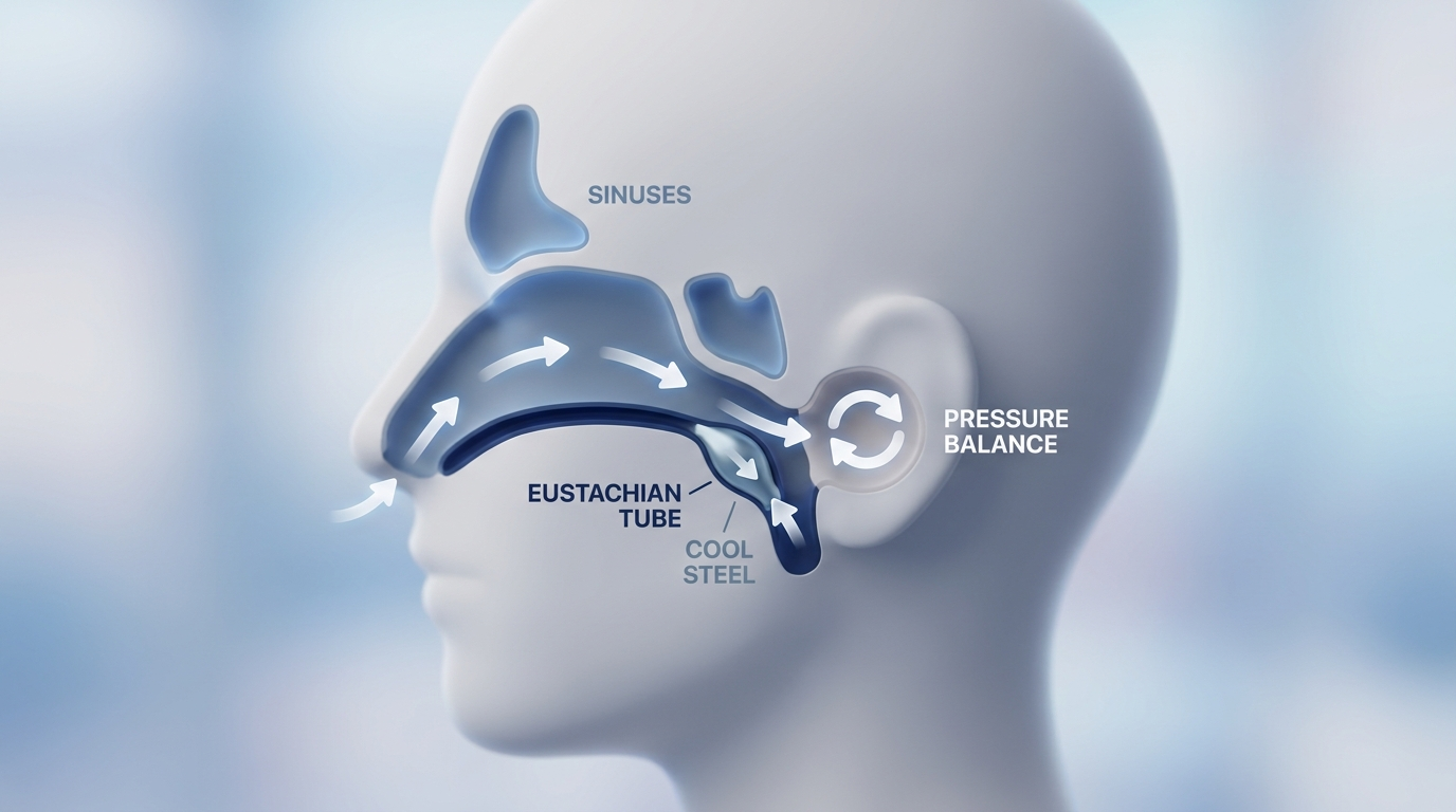 How equalization works: head cutaway with sinuses and Eustachian tubes, airflow arrows, and a narrowed segment