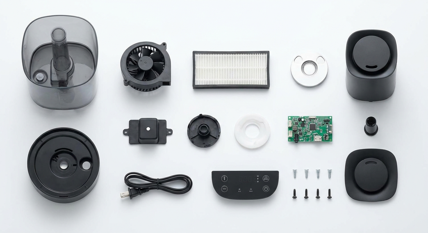 Disassembled humidifier components aligned with generous spacing.