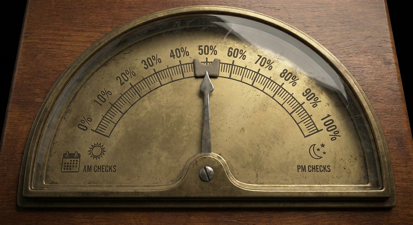 Dial with pointer near 50%, AM/PM check icons.