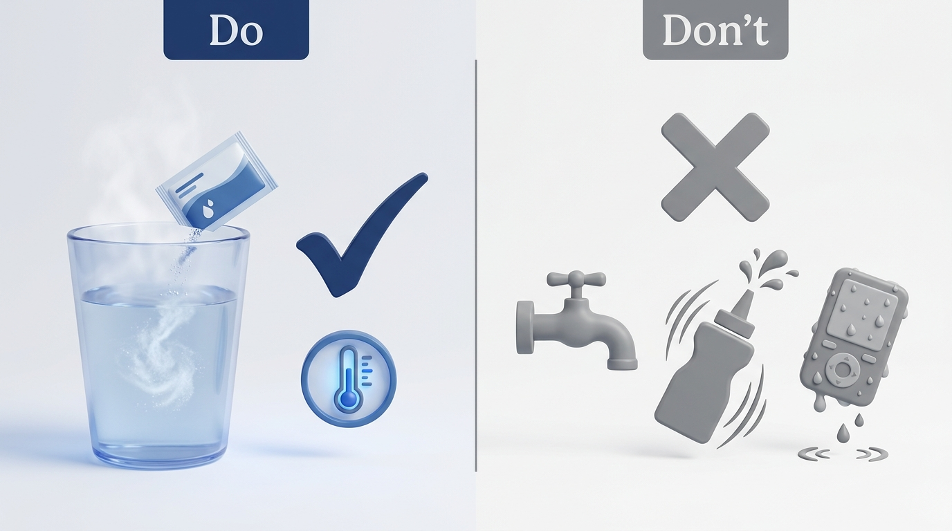 Do and Don’t summary: dissolve saline in lukewarm water with a check; do not use tap water, do not squeeze aggressively, do not store device damp