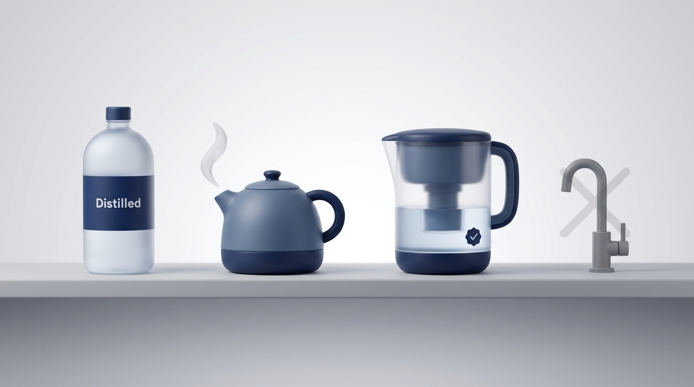 Safe water options on a shelf: distilled, boiled-and-cooled, or properly filtered, with tap water marked with an X