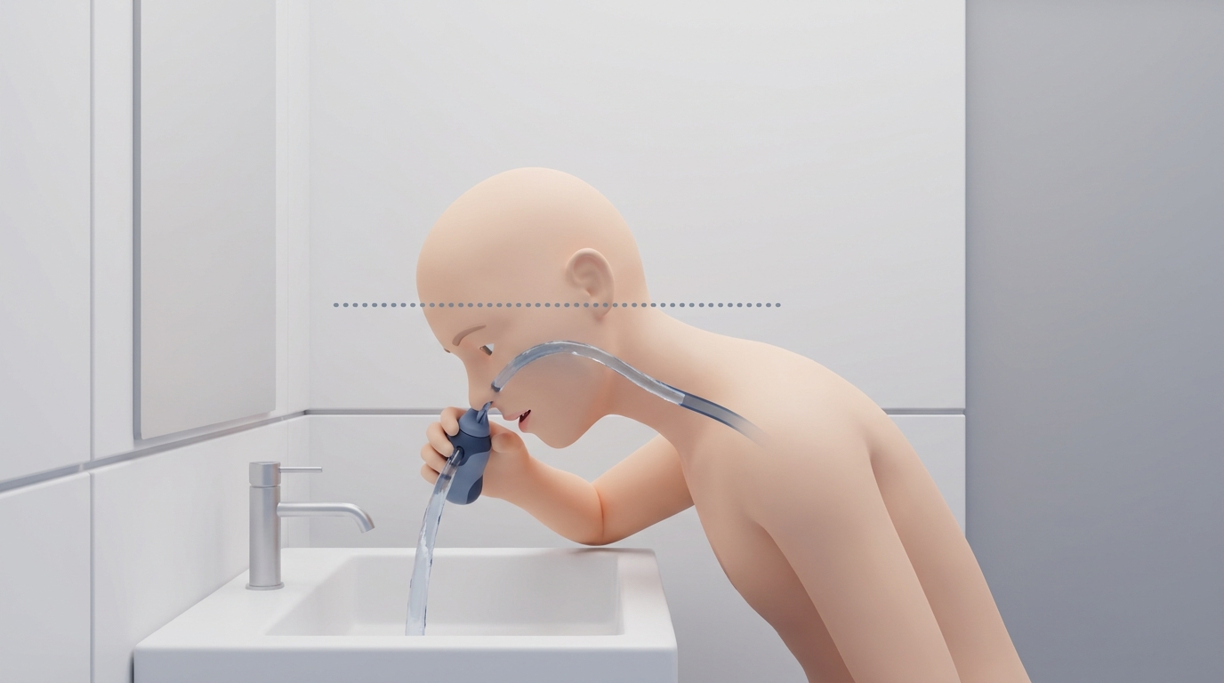 Correct head position at the sink: lean forward, tilt sideways, forehead and chin level, stream from upper to lower nostril, mouth open for mouth breathing