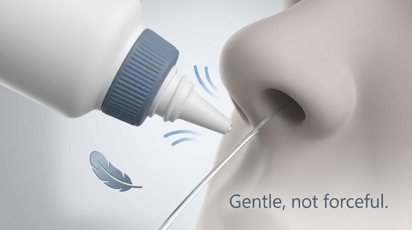 Gentle flow close-up: light squeeze and thin, steady stream into nostril