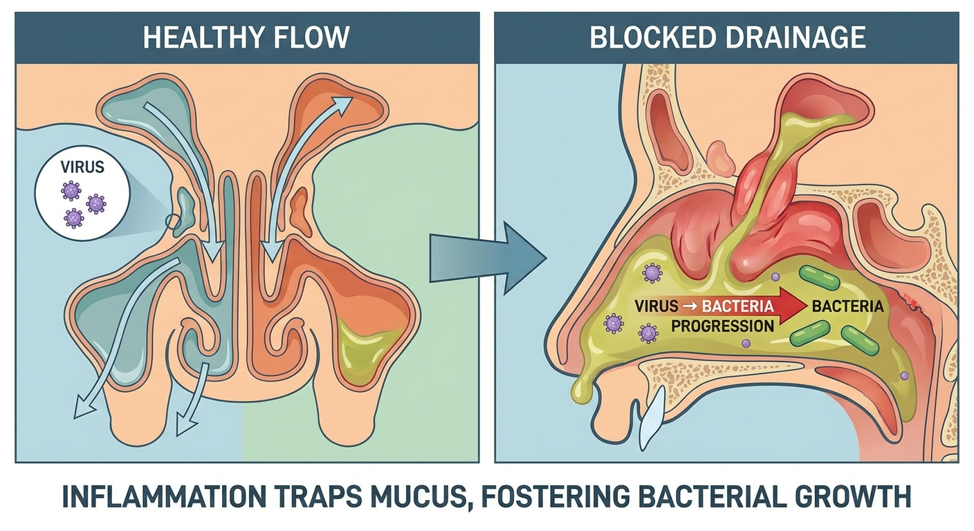 Why infections linger—blocked drainage (virus to bacteria)