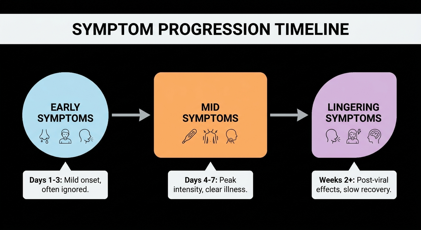 Simple symptom timeline (early to mid to lingering)