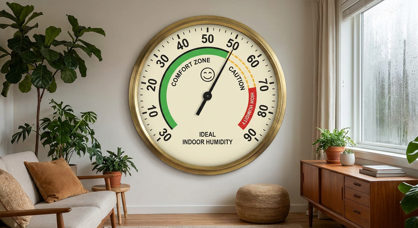 Ideal indoor humidity gauge showing 30–50% comfort zone and 60% upper threshold