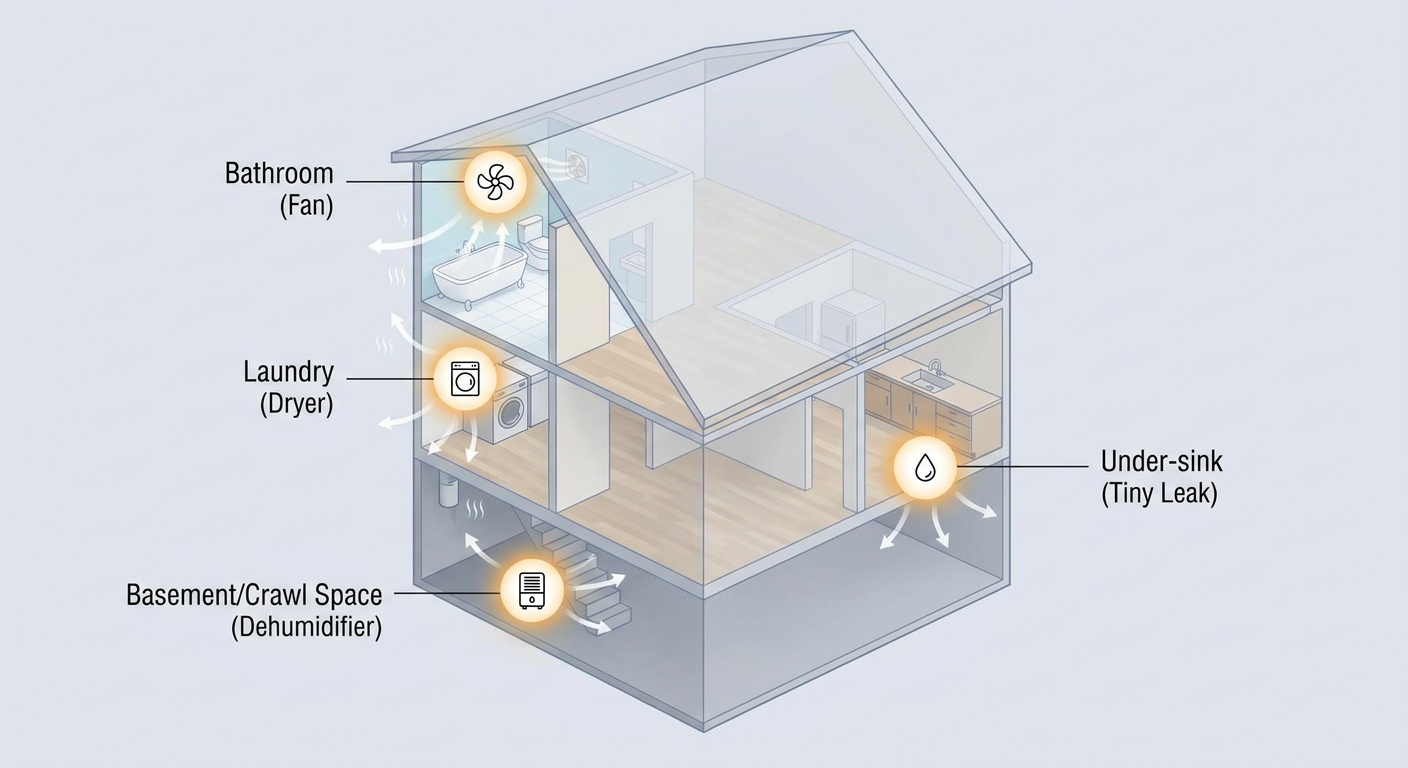 Indoor moisture hotspots in a home: bathroom, laundry, basement, under-sink leak