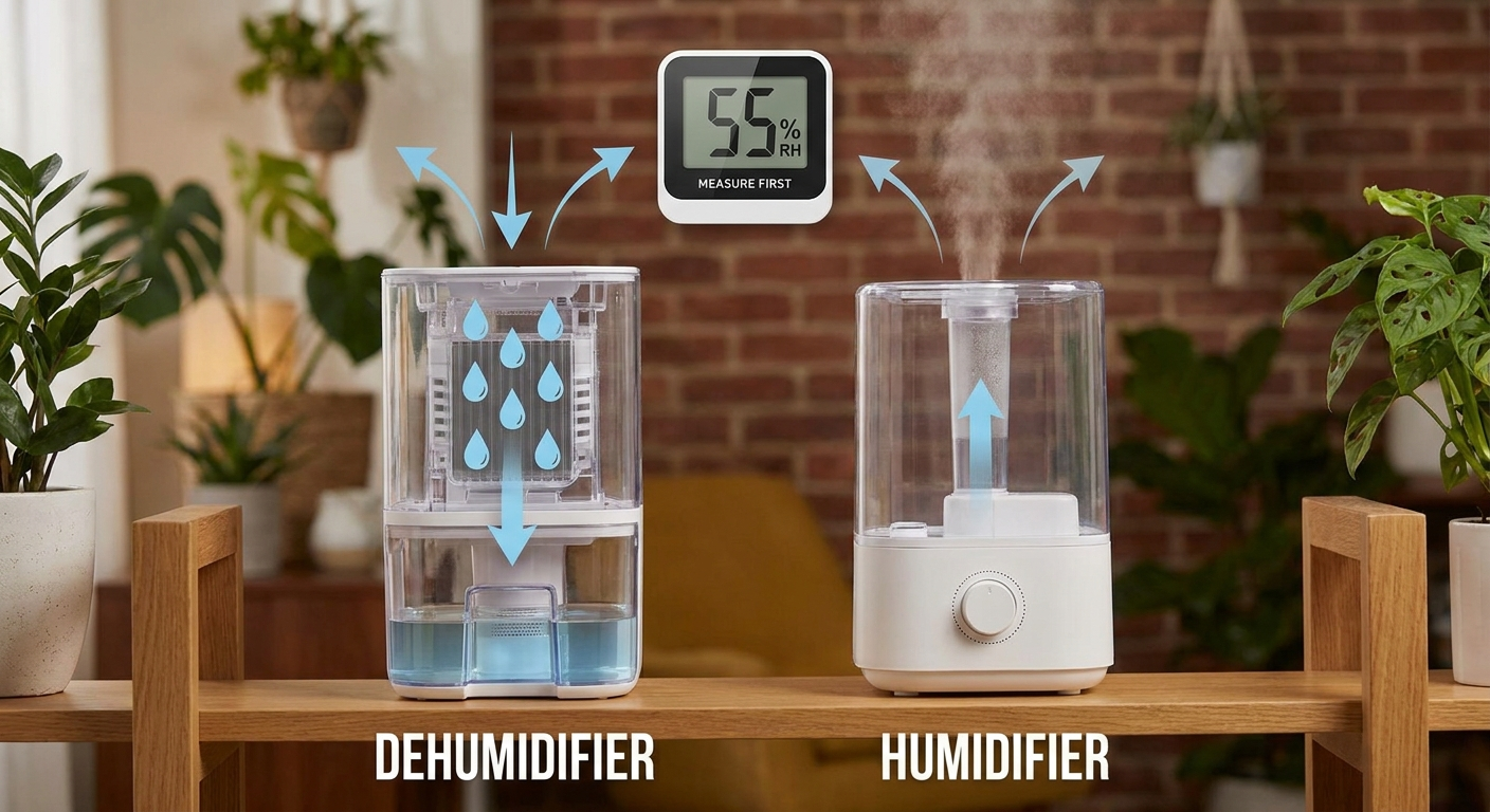 Dehumidifier vs humidifier with a hygrometer—measure first