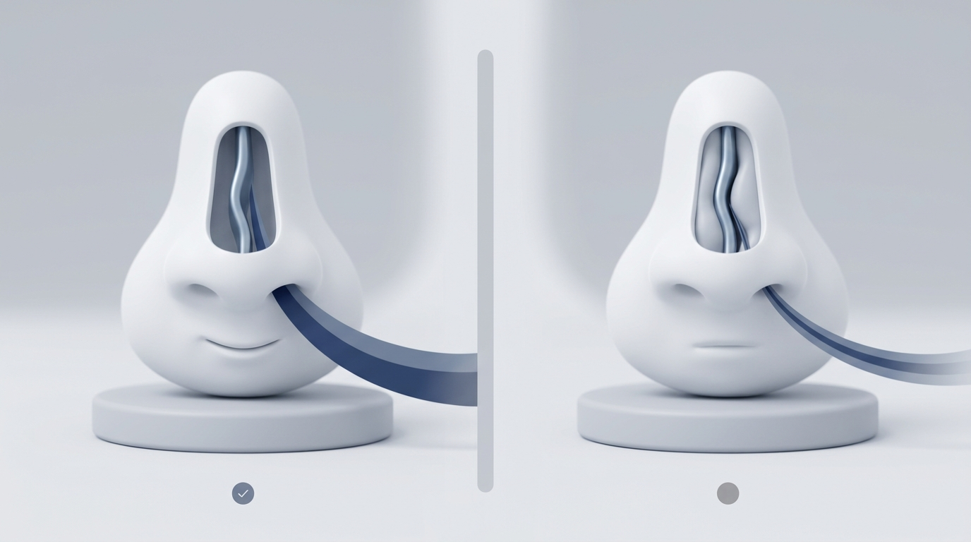Two simplified noses showing similar deviation with different airflow, suggesting surgery not always needed