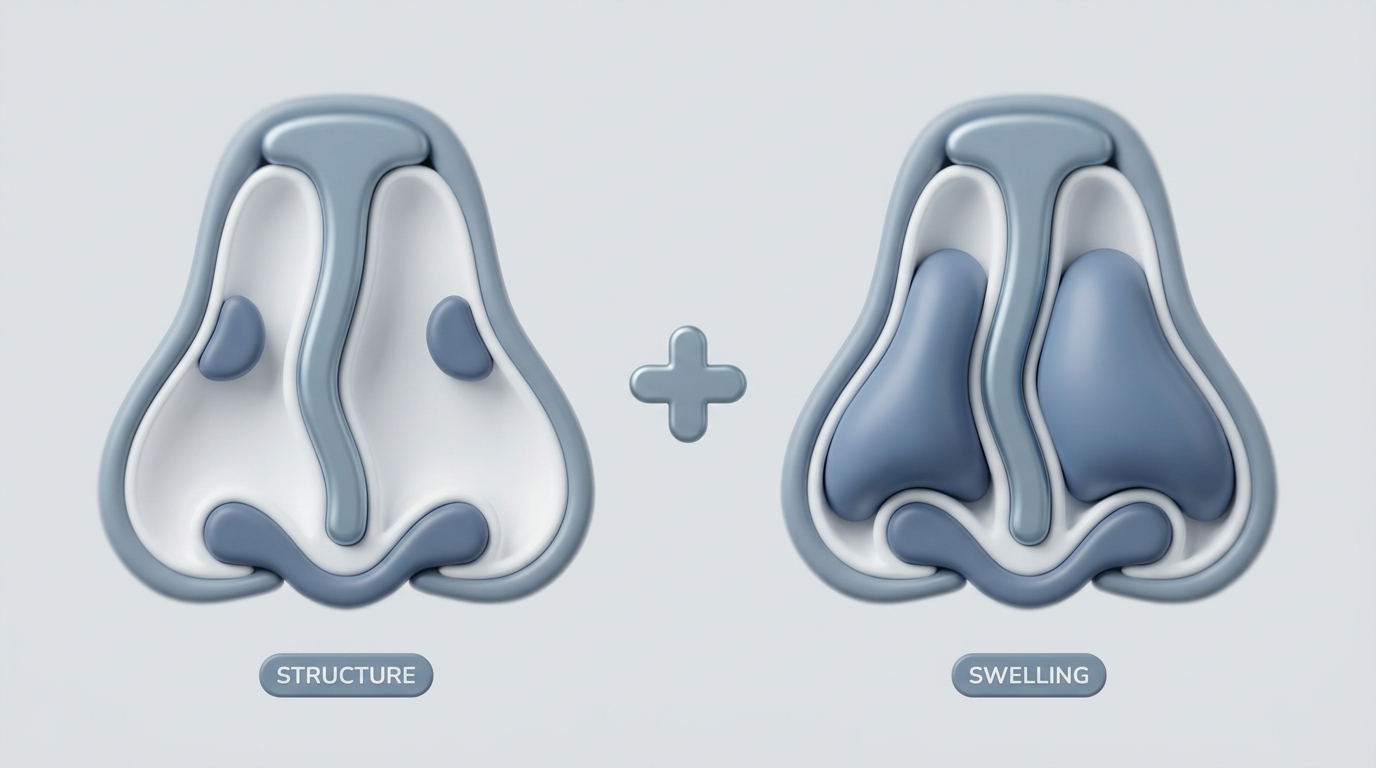 Cross-sections showing deviation with small vs enlarged turbinates to illustrate structure plus swelling