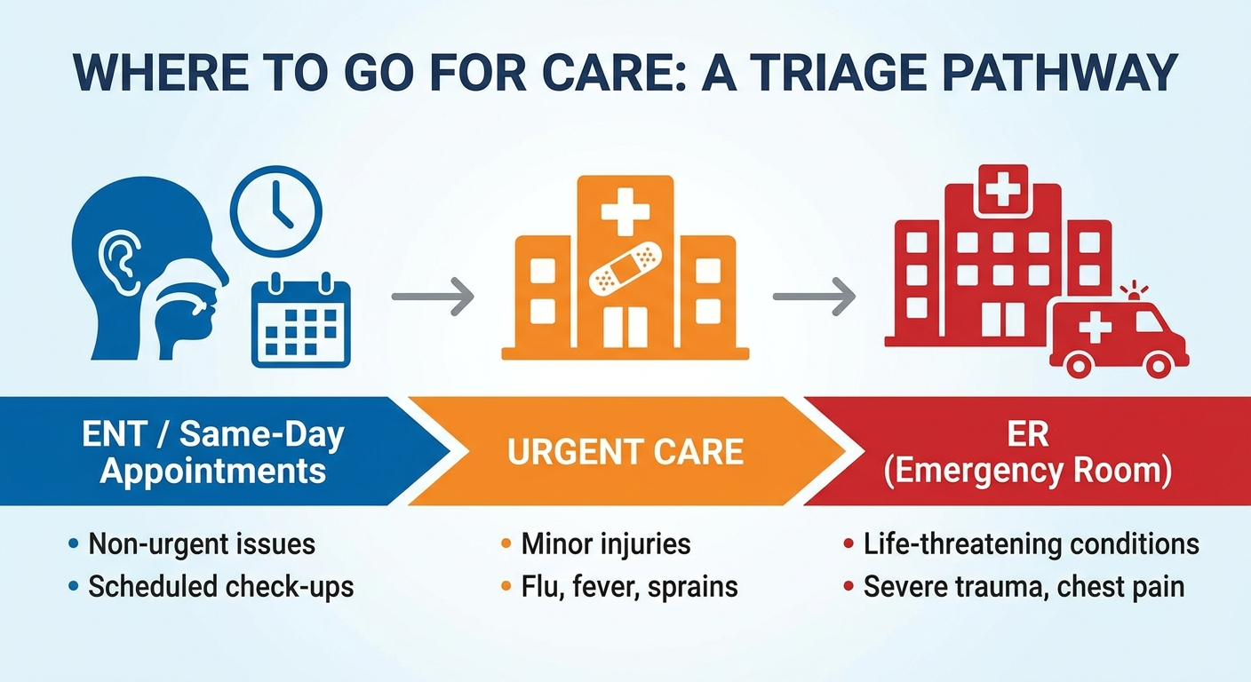 Triage path showing ER, urgent care, and same-day ENT options