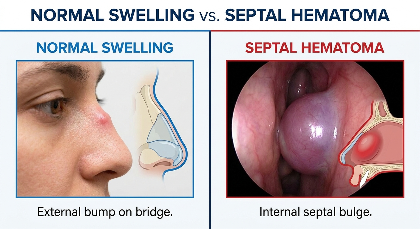 Normal swelling on bridge versus internal septal hematoma side-by-side comparison