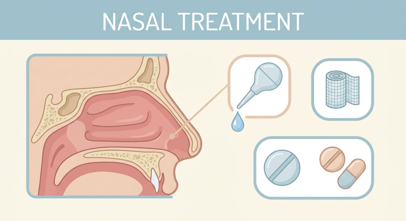 Non-graphic depiction of drainage, nasal packing, splints, and medications