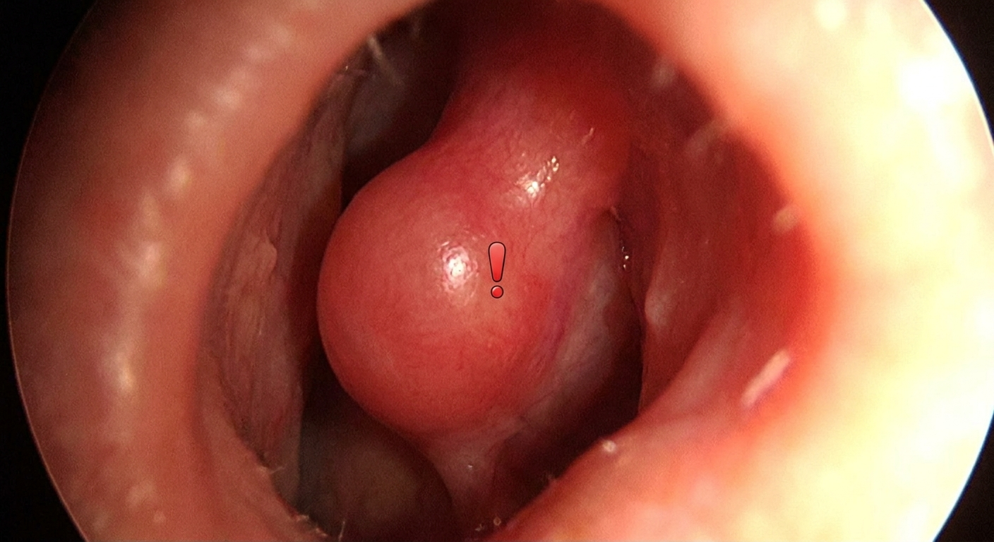 Red-flag sign inside the nostril showing soft boggy septal bulge with exclamation icon
