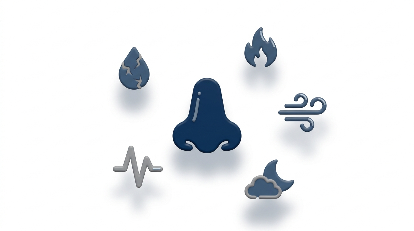 Minimal icons showing dryness, burning, airflow sensation, sleep issues, and anxiety around a nose icon