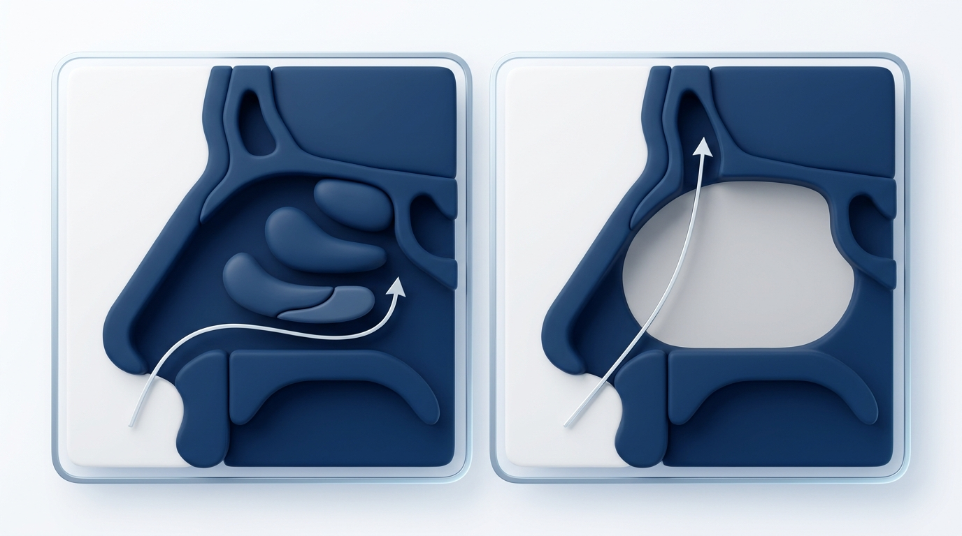 Side-by-side comparison of turbinate reduction versus excessive resection and airflow patterns