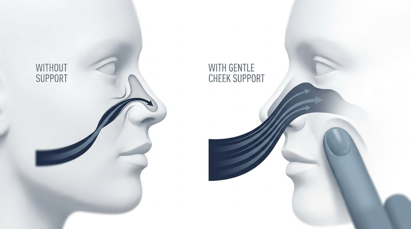 Self-check with gentle cheek support improving airflow