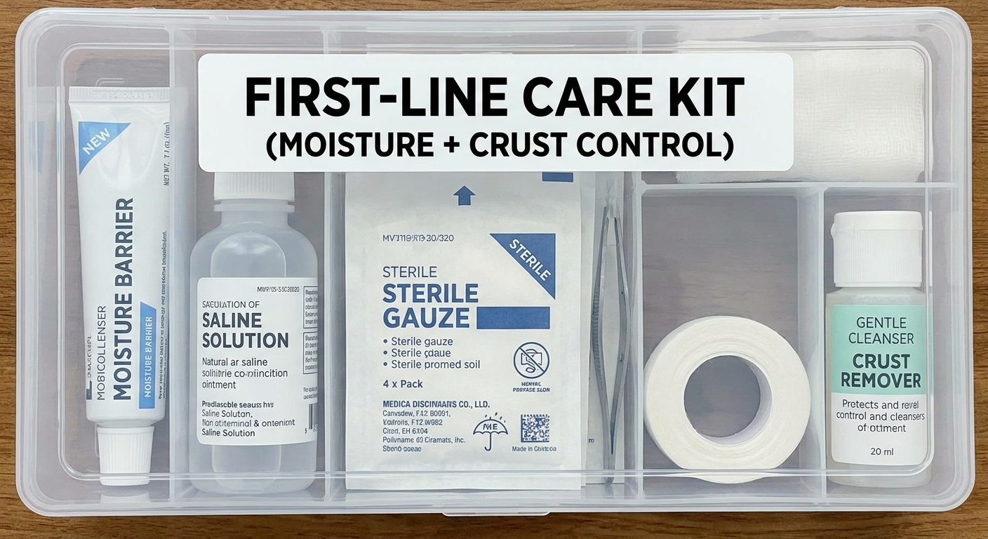 First-line care kit: moisture and crust control