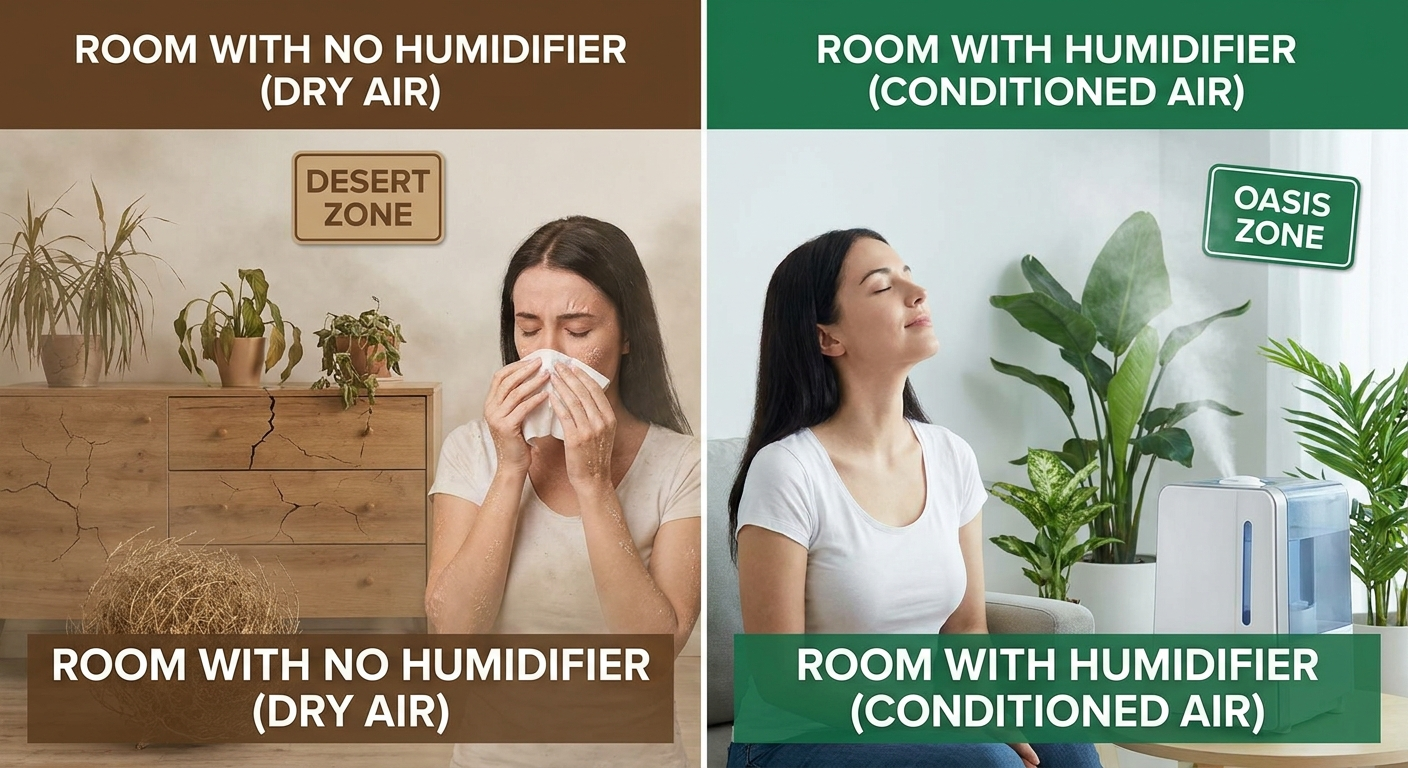 Analogy of room without humidifier: dry vs conditioned air