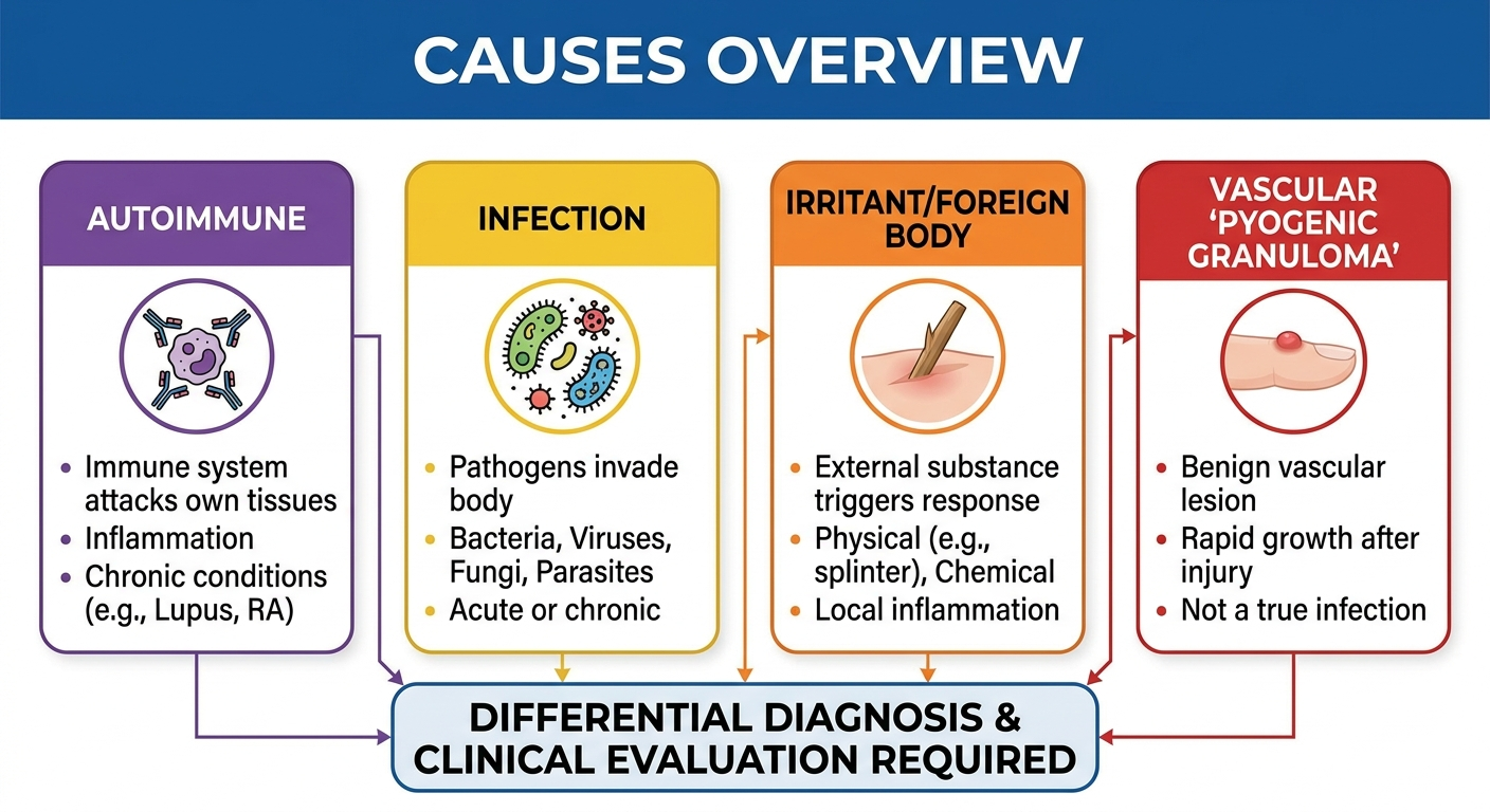 Overview of causes: autoimmune, infection, irritant or foreign body, and vascular pyogenic granuloma