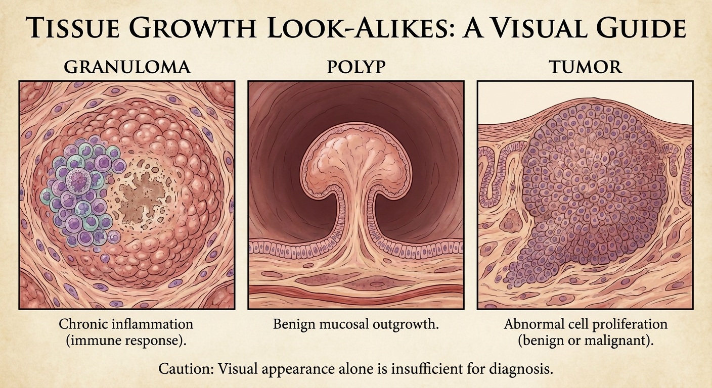 Visual comparison of nasal granuloma, polyp, and tumor look-alikes