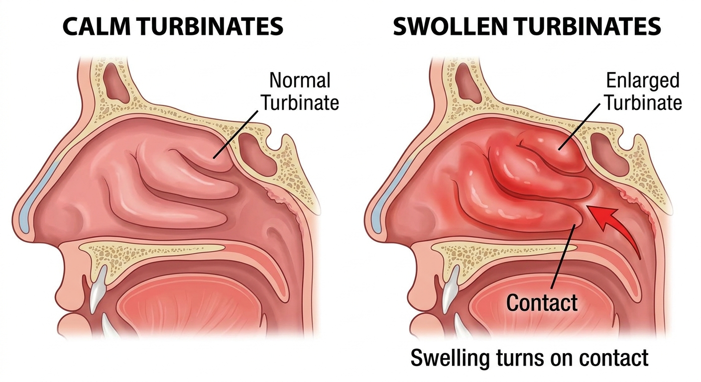 Calm versus swollen turbinates showing how swelling can turn on contact