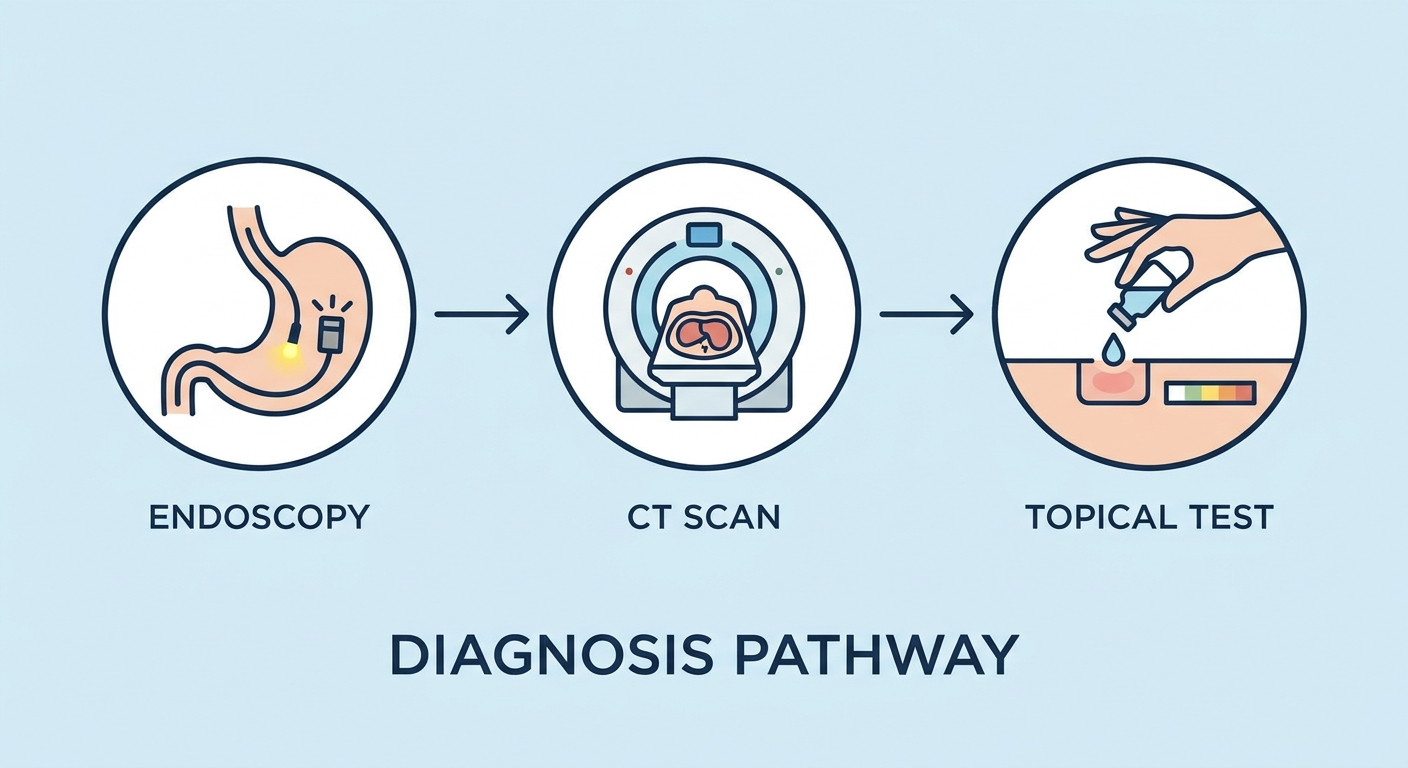 Diagnosis pathway with icons for endoscopy, CT, and a topical test