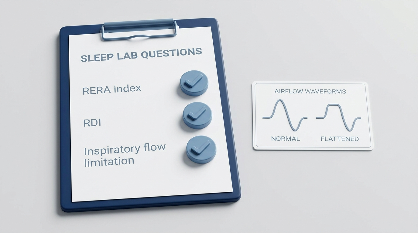 Modern clipboard checklist highlighting RERA index, RDI, and inspiratory flow limitation